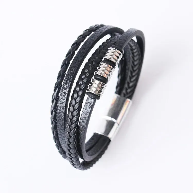 Trendy Leather 21CM  Bracelets For Men Multilayer Bracelet Stainless Steel  Braided Rope Bracelets for Male Female Jewelry Gifts