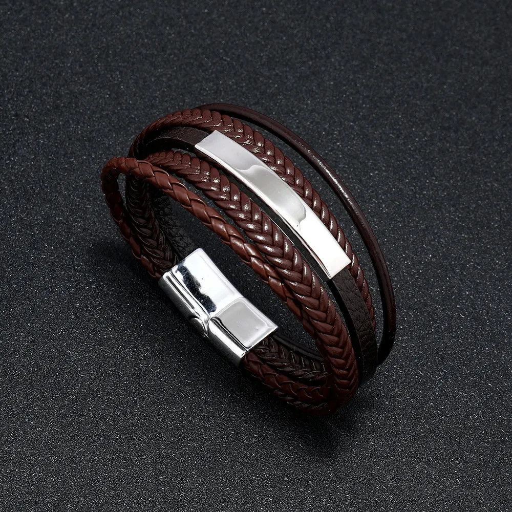 Trendy Leather 21CM  Bracelets For Men Multilayer Bracelet Stainless Steel  Braided Rope Bracelets for Male Female Jewelry Gifts