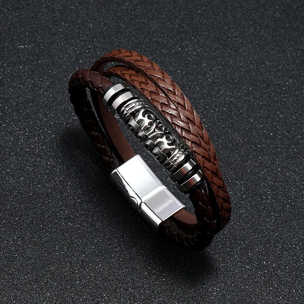 Trendy Leather 21CM  Bracelets For Men Multilayer Bracelet Stainless Steel  Braided Rope Bracelets for Male Female Jewelry Gifts