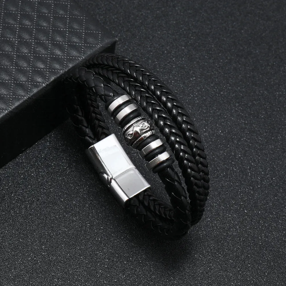 Trendy Leather 21CM  Bracelets For Men Multilayer Bracelet Stainless Steel  Braided Rope Bracelets for Male Female Jewelry Gifts