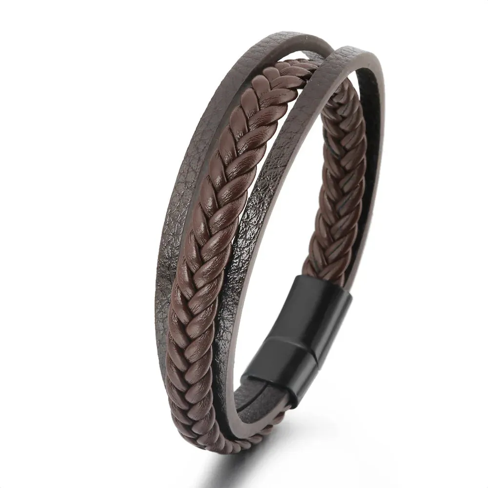 Trendy Leather 21CM  Bracelets For Men Multilayer Bracelet Stainless Steel  Braided Rope Bracelets for Male Female Jewelry Gifts