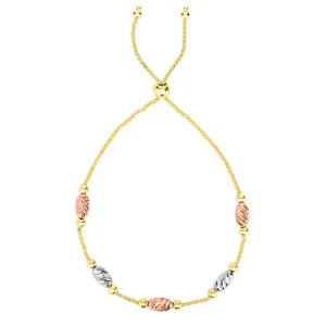 Tricolor Diamond Cut Oval Bead Stations Bolo Friendship Adjustable Bracelet In 14K Gold, 9.25"