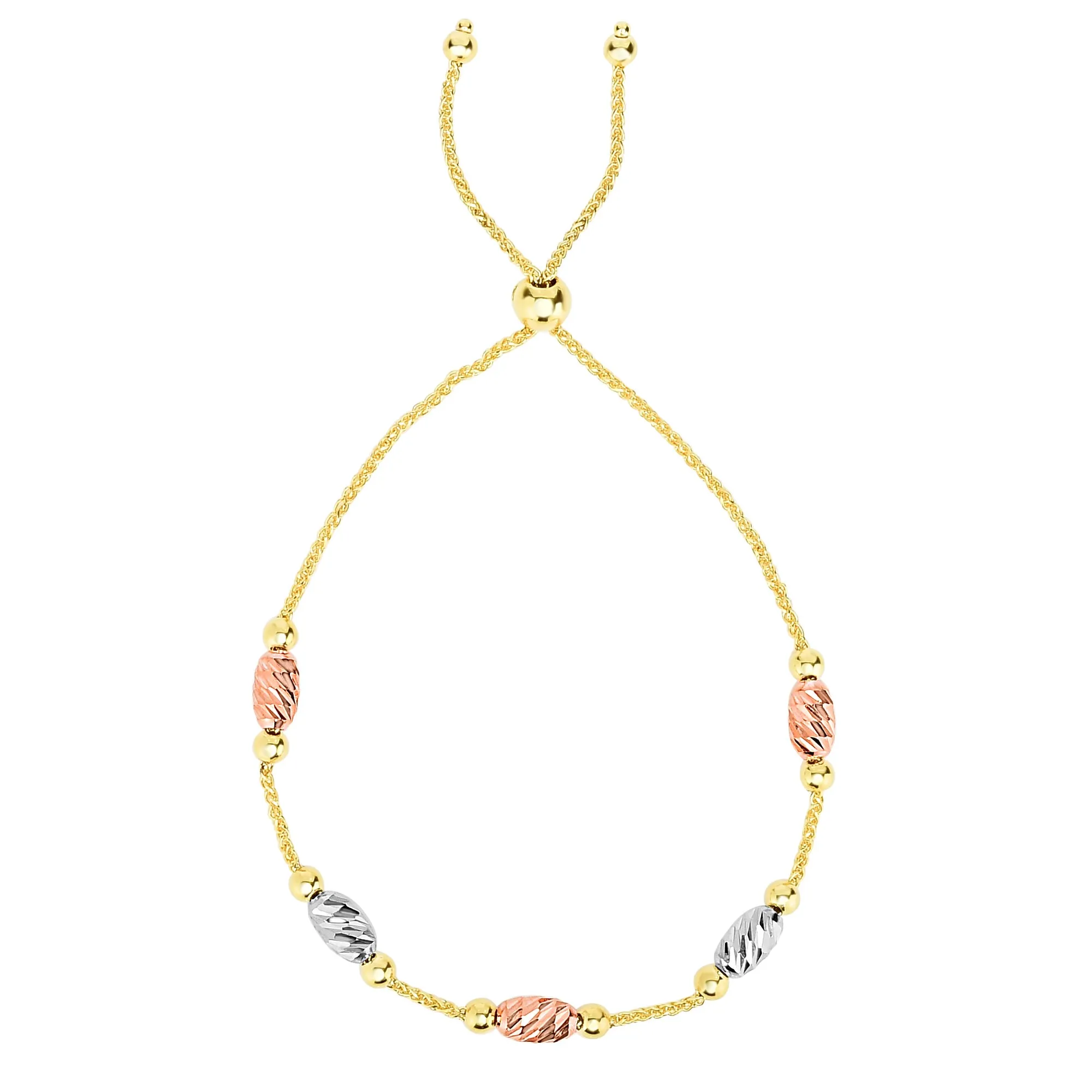 Tricolor Diamond Cut Oval Bead Stations Bolo Friendship Adjustable Bracelet In 14K Gold, 9.25"