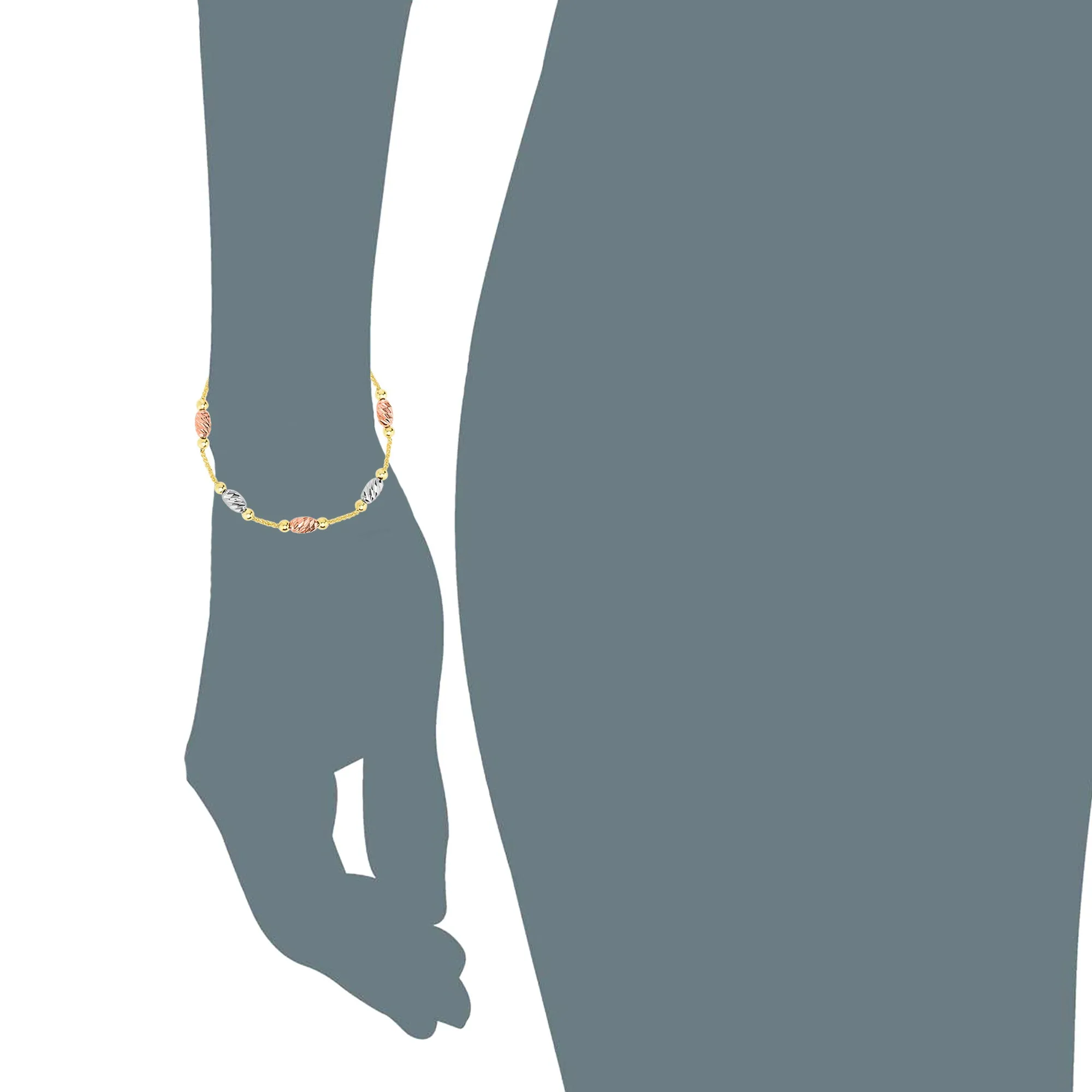 Tricolor Diamond Cut Oval Bead Stations Bolo Friendship Adjustable Bracelet In 14K Gold, 9.25"