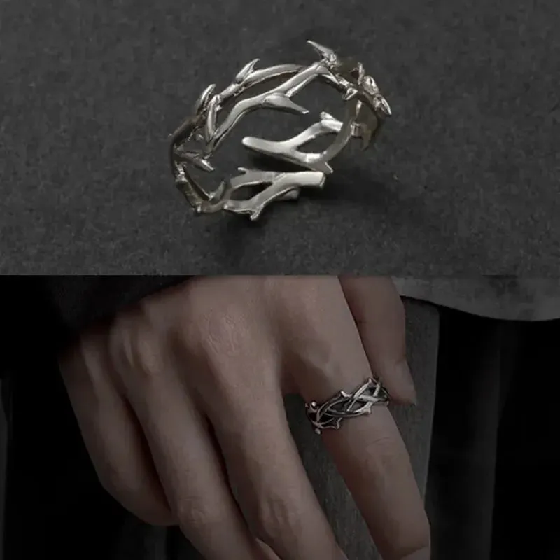 Vintage Goth Thorny Rose Couple Rings for Men Women Charm Irregularity Opening Stainless Steel Punk Finger Ring Jewelry Y2k Gift