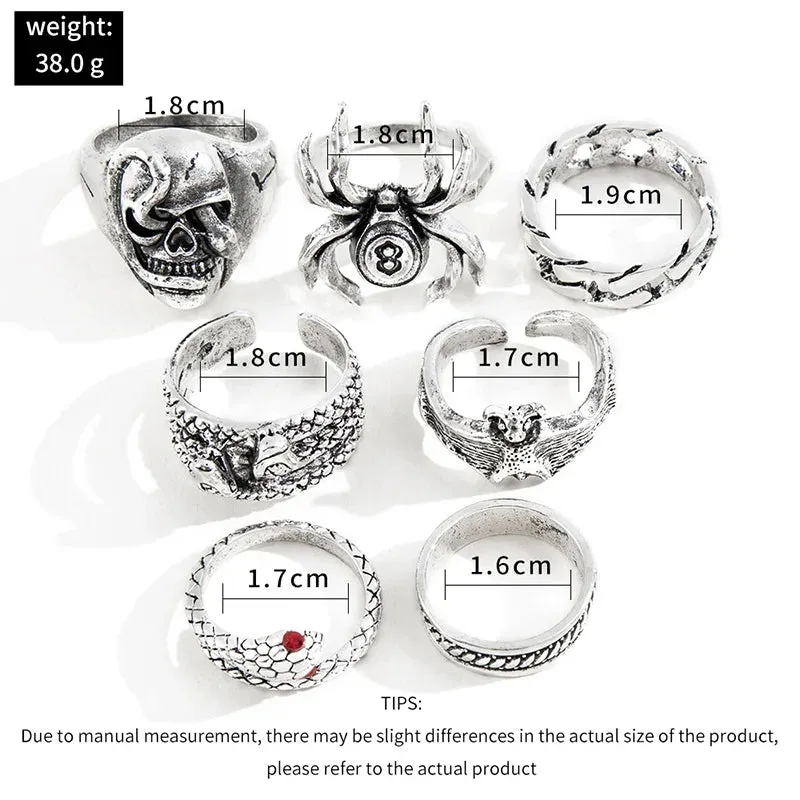 Vintage Spider Snake Bat Skull Rings Set Gothic Punk Rings for Men Exaggerated Personality Halloween Jewelry anel masculino