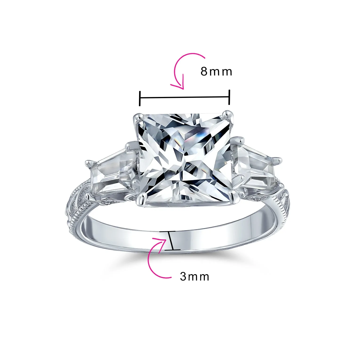 Vintage Style 3CT CZ Princess Cut Engagement Ring with Baguette Side Stones Silver