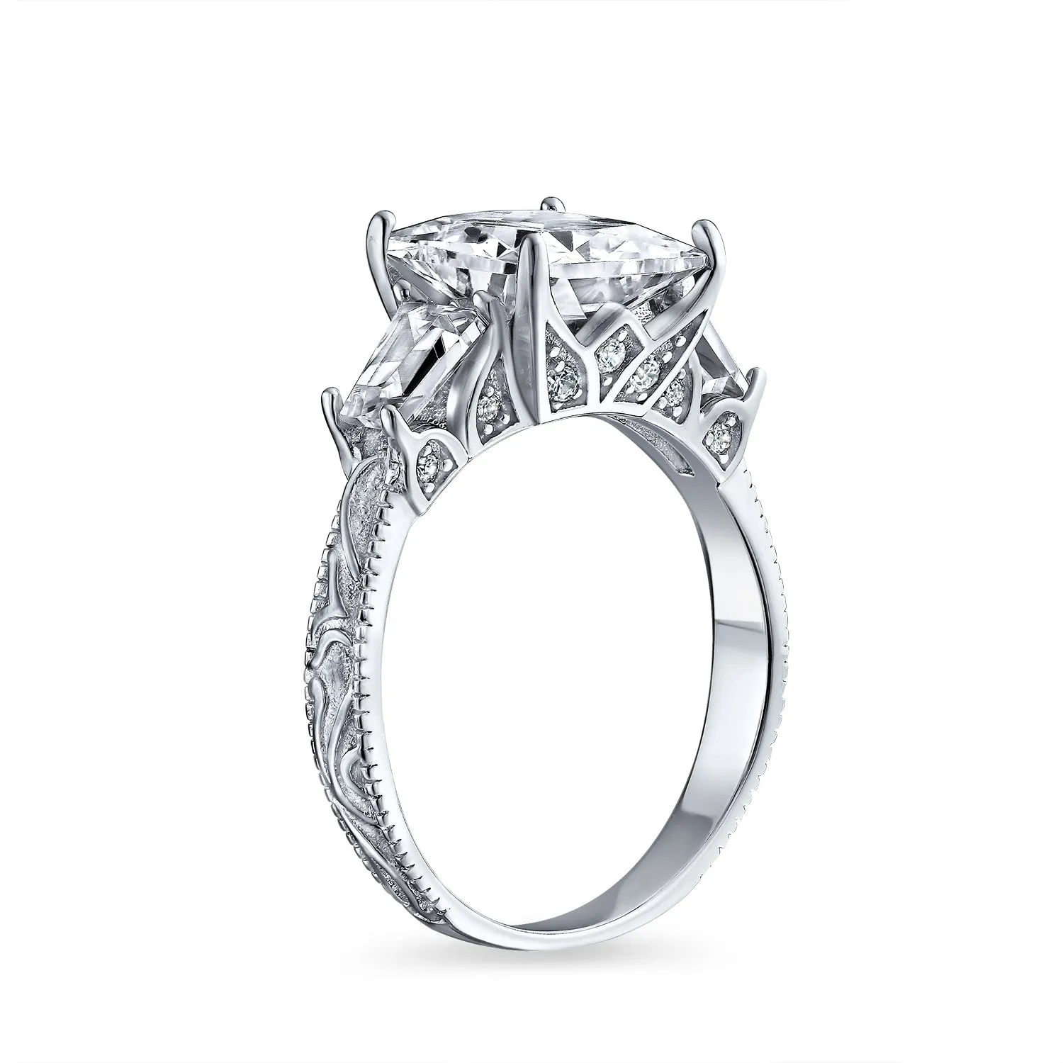 Vintage Style 3CT CZ Princess Cut Engagement Ring with Baguette Side Stones Silver