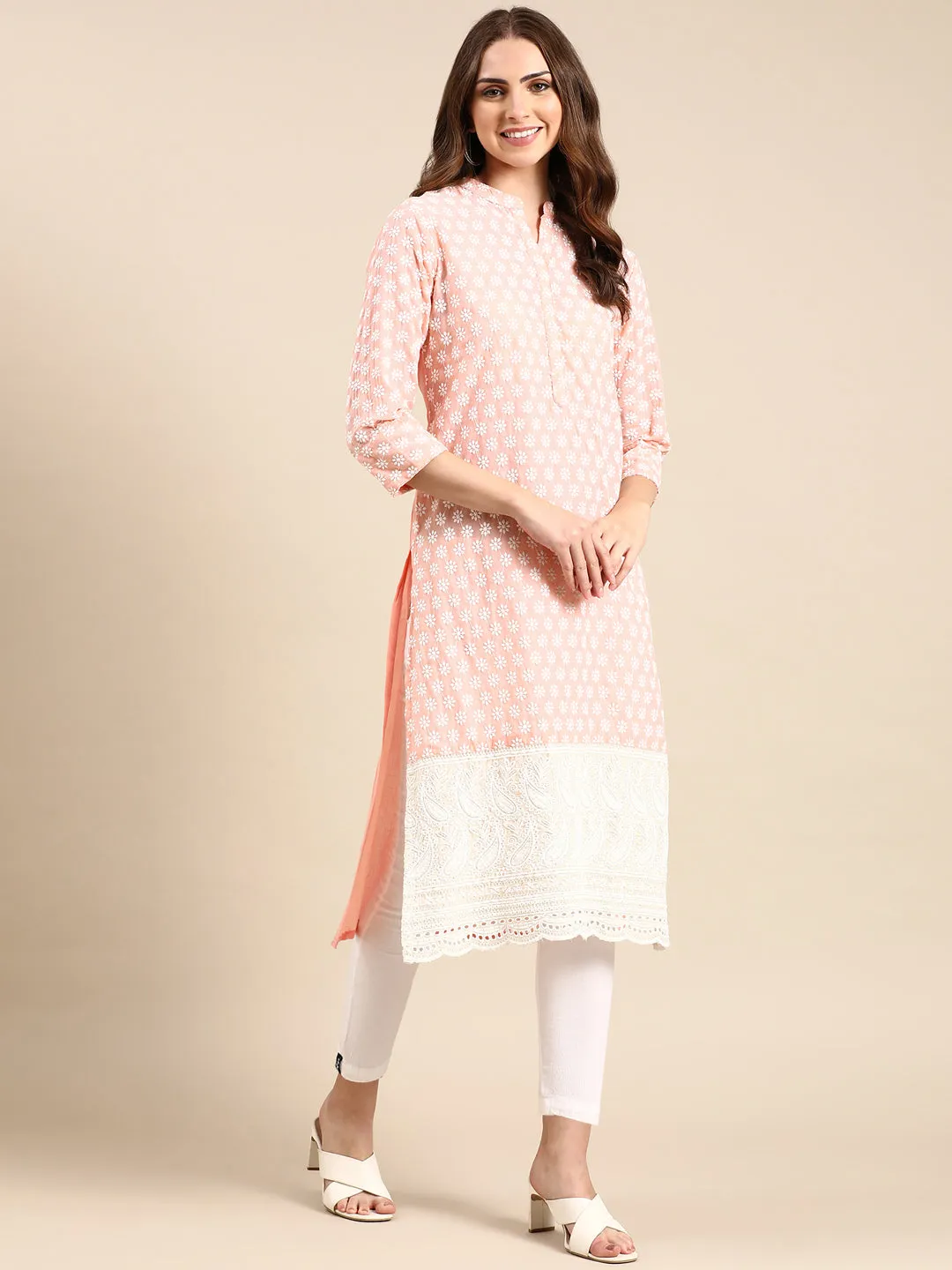 Women's Peach Embroidered Straight Kurta