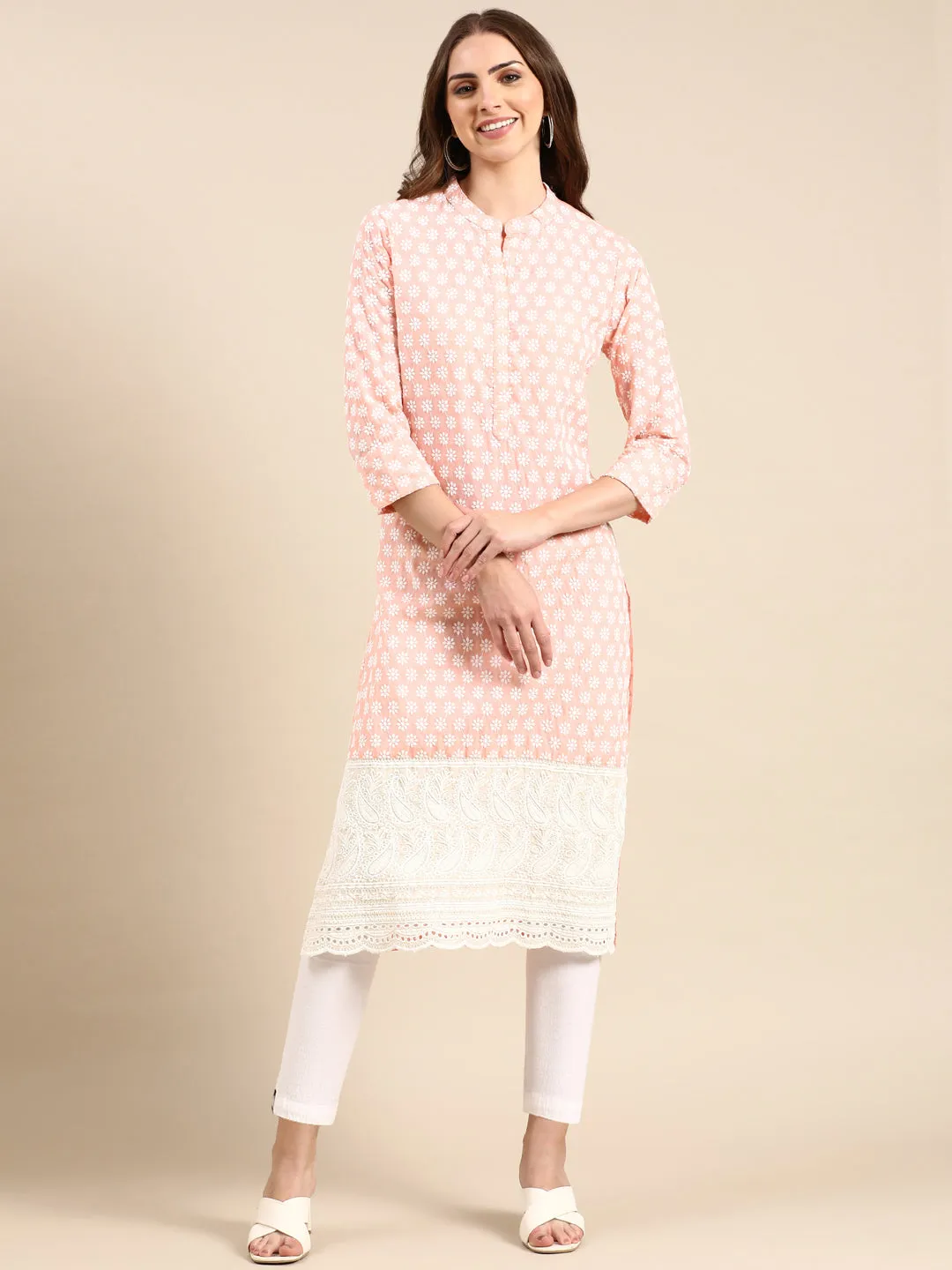 Women's Peach Embroidered Straight Kurta