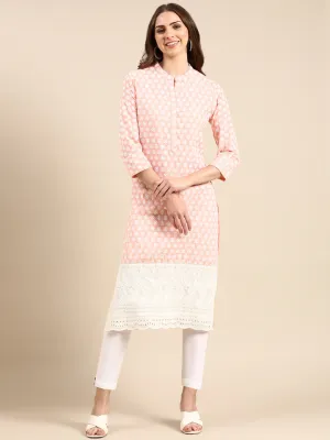 Women's Peach Embroidered Straight Kurta