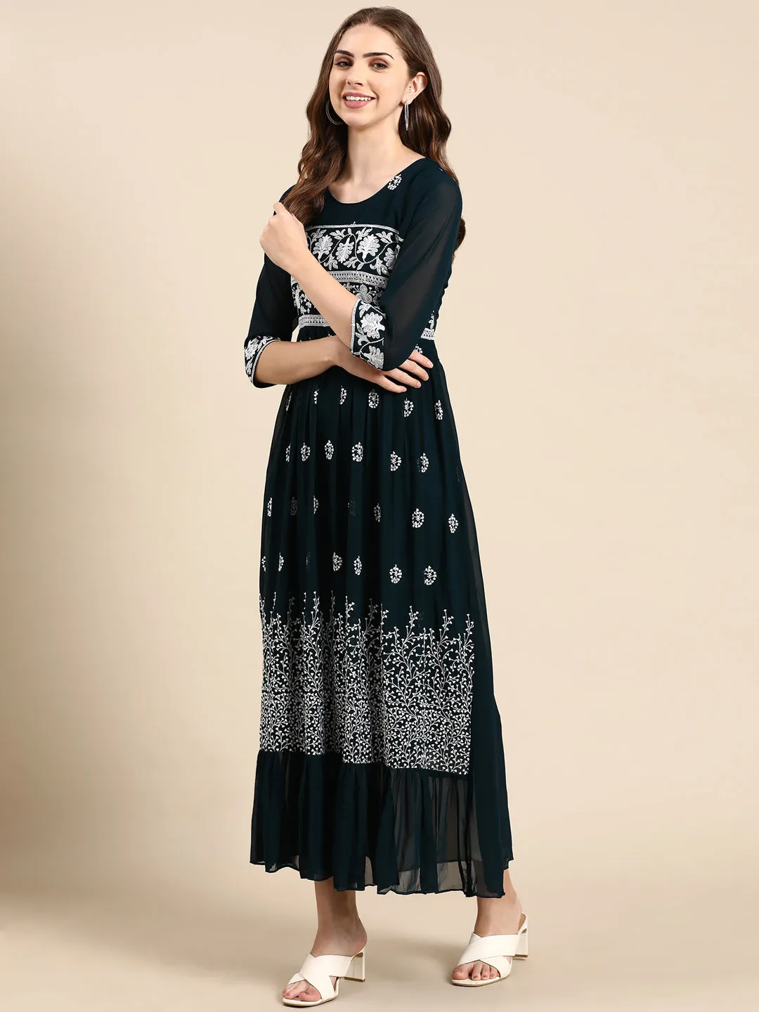 Women's Teal Embroidered Anarkali Kurta