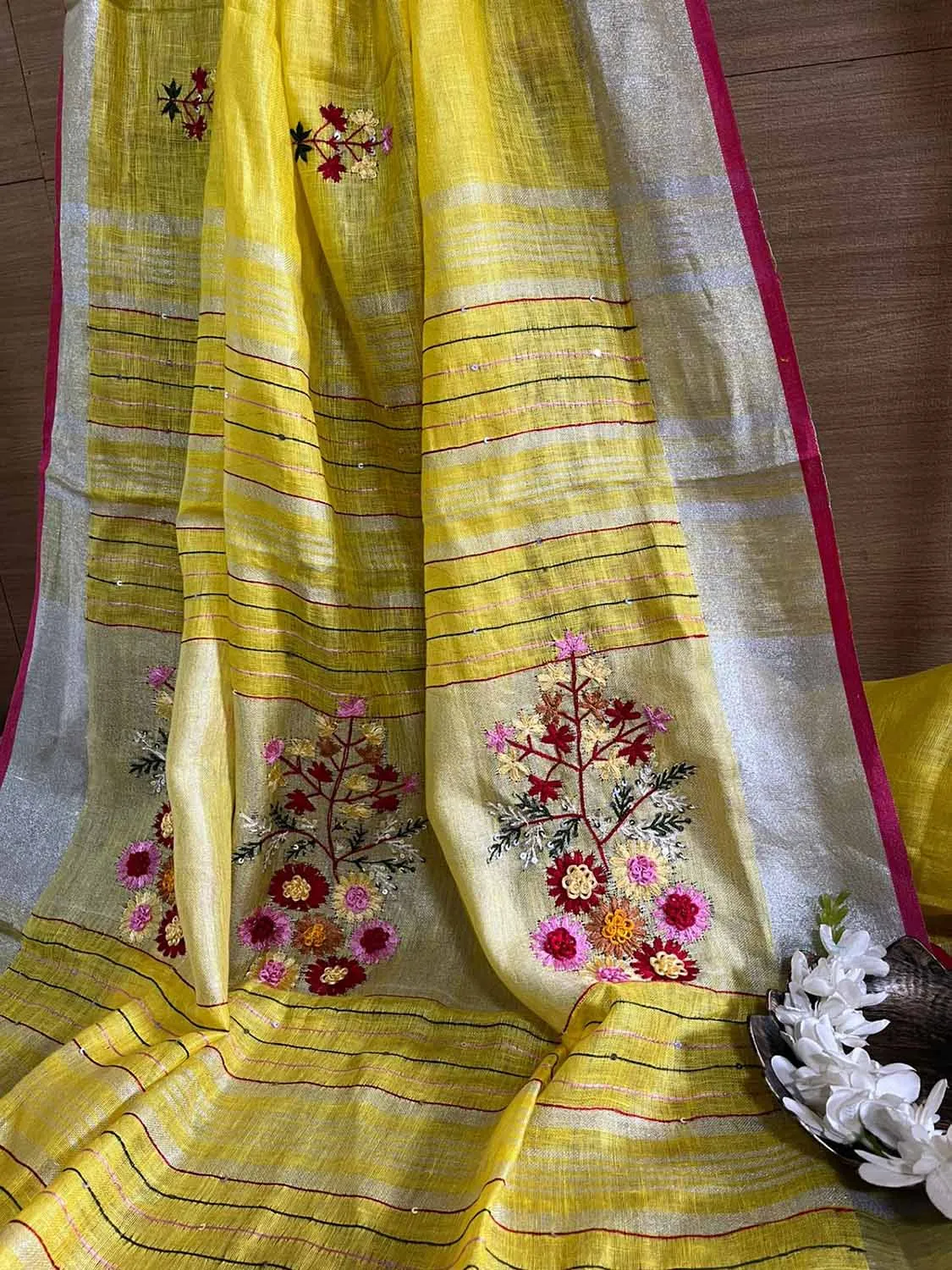 Yellow And Pink Pure Linen French Knot Embroidered Saree