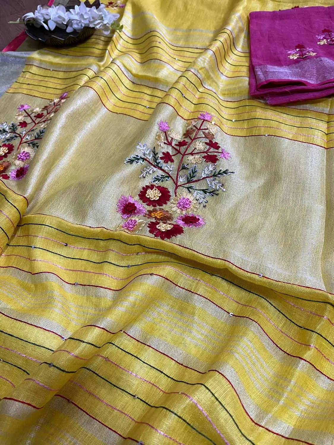 Yellow And Pink Pure Linen French Knot Embroidered Saree