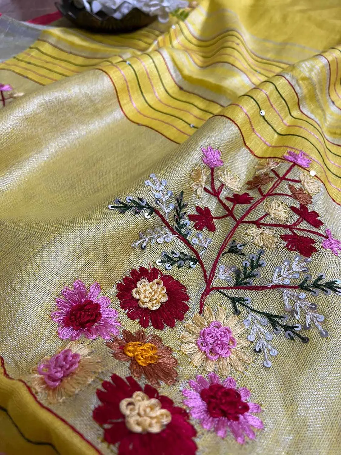 Yellow And Pink Pure Linen French Knot Embroidered Saree