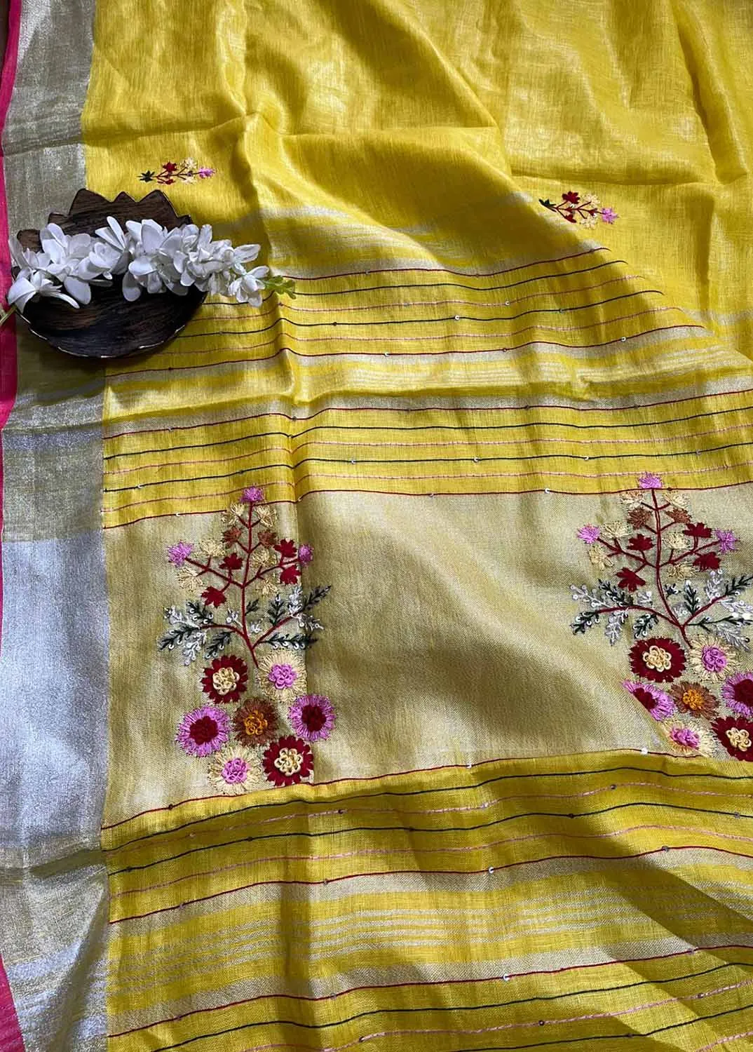 Yellow And Pink Pure Linen French Knot Embroidered Saree