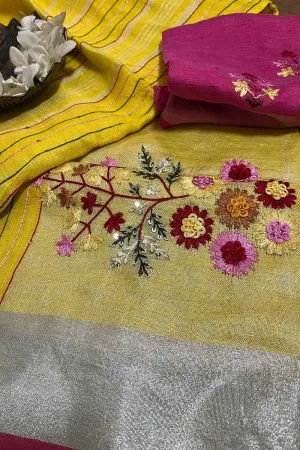 Yellow And Pink Pure Linen French Knot Embroidered Saree