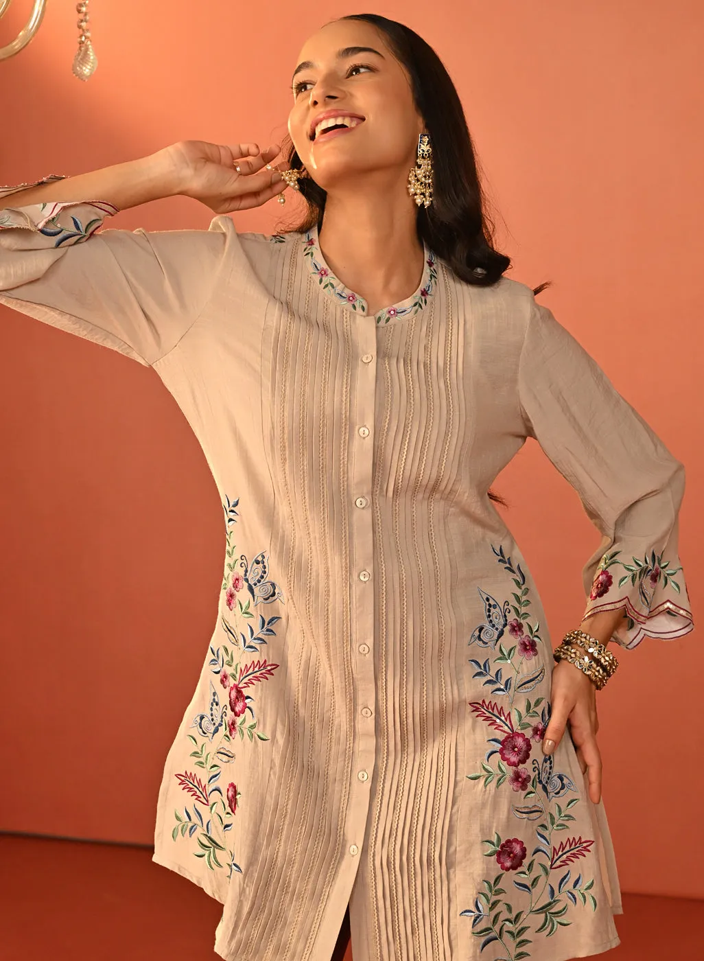 Yumna Beige Embroidered Rayon Shirt for Women