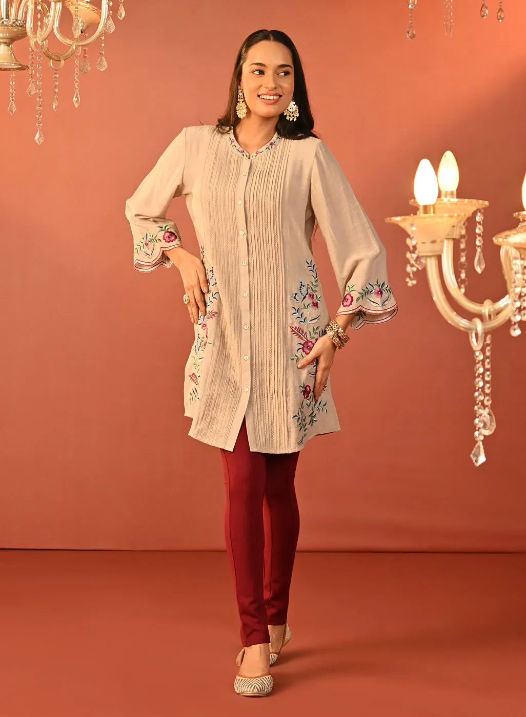 Yumna Beige Embroidered Rayon Shirt for Women