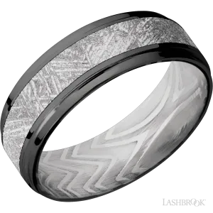 Zirconium with Polish , Polish Finish and Meteorite Inlay and Zebra - 7MM